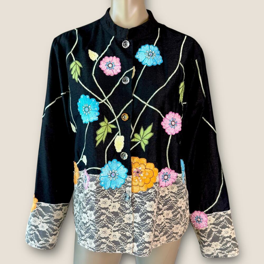 Carrie Allen Vintage Embroidered Floral Laced Button Up Jacket Shacket Womens L